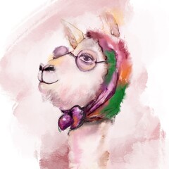 Fashionable light pink llama wits glasses and headscarf