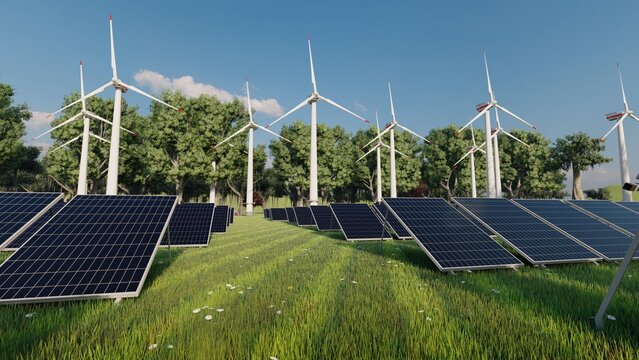 Panoramic view of wind farm or wind park, with high wind turbines for generation electricity with copy space. green energy concept. 3d rendering.
