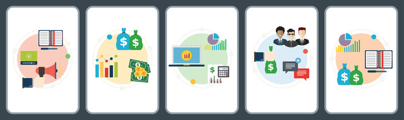 Obraz premium Business, communication, marketing, strategy and finance icons.