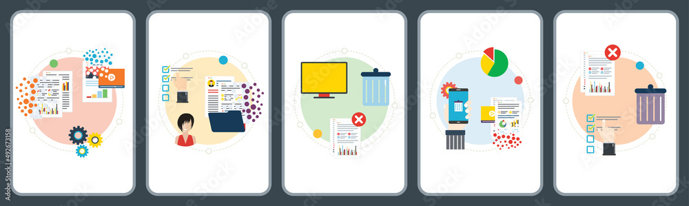 Poster computer, trash digital, documents and cloud computing icons. concepts of deleting files, delete doc