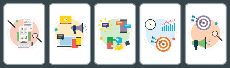 Marketing, strategy, analysis, communication and business icons. Concepts of digital marketing analysis, content marketing, strategy and increase conversion. Flat design icons in vector illustration.