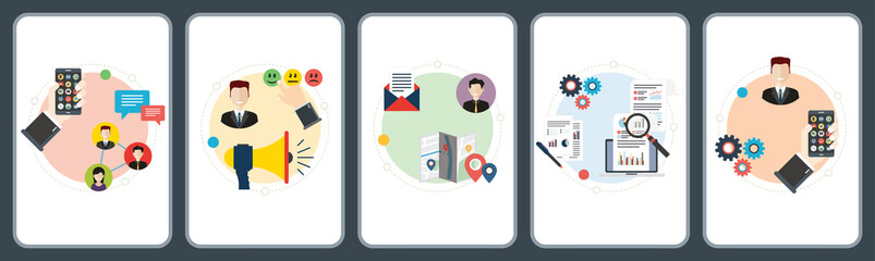 Marketing, communication, social media, relationship and metrics icons. Concepts of social marketing, relationship marketing, proximity marketing and communication metrics. Flat design icons in vector