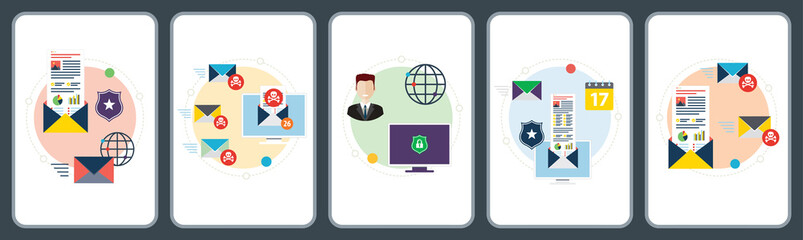 Protection, communication, technology, security, privacy and computer icons. Concepts of antivirus for protection,  blocking spam, protect of privacy, virus and phishing. 