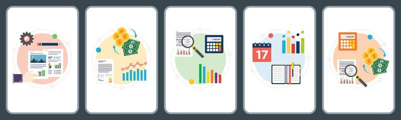 Financial, tax, investment, statistic and profit icons.