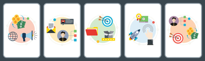 Marketing, business, solution strategy and communication icons. Concepts of marketing budget, business network, solution strategy, communication.