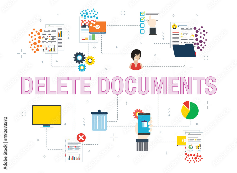 Poster computer, trash digital, documents and cloud computing icons. concepts of deleting files, delete doc