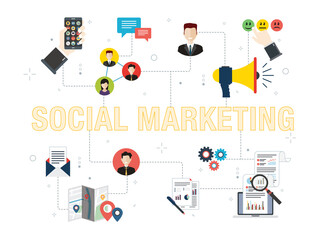 Marketing, communication, social media, relationship and metrics icons. Concepts of social marketing, relationship marketing, proximity marketing and communication metrics. 