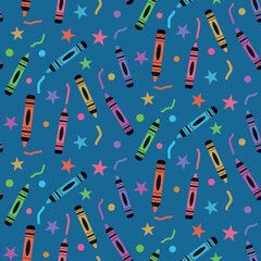 Colorful crayons seamless pattern with stars, brush strokes and dots on blue background.   For  school projects , stationary , notebook covers  and wrapping paper 