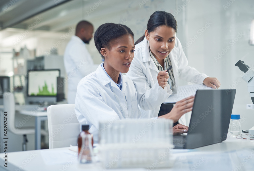 Wall mural improving lives one collaboration at a time. shot of two young scientists using a laptop in a labora