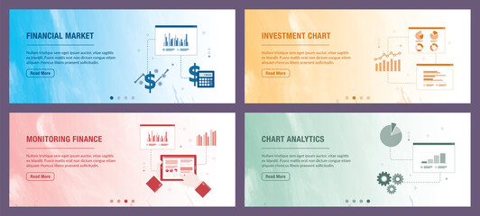 Investment, chart, monitoring, finance, money and growth icons. Concepts of financial market, investment chart, monitoring finance and chart analytics. 