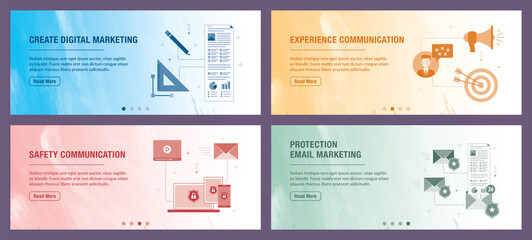 Marketing, safety, computer, communication and business icons. Concepts of digital marketing, experience and safety communication, protection email marketing.