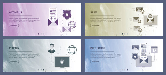 Protection, communication, technology, security, privacy and computer icons. Concepts of antivirus for protection, blocking spam, protect of privacy, virus and phishing. 