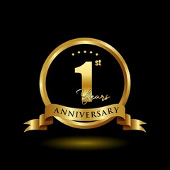 1st anniversary celebration. Birthday logo with gold ribbon and gold color isolated on a black background, vector designs for celebrations, invitation cards, greeting cards, and banners