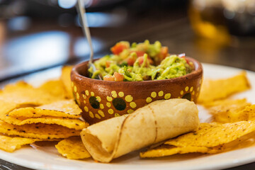 Chips and guacamole in a cafe in San Ignacio.