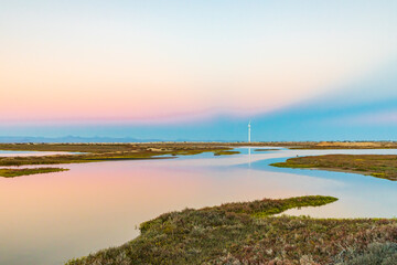 Salt ponds at sunset in Ba