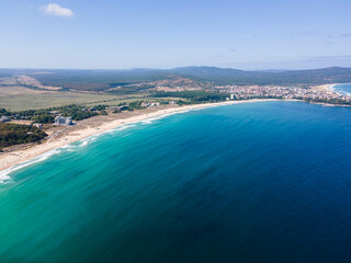 Aerial view of Black Sea coast near town of Primorsko, Bulgaria