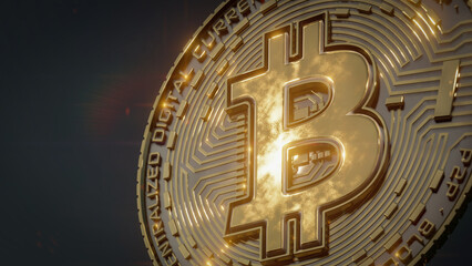 close up golden bitcoin Black Background