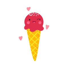 Cute cartoon fruit cone ice cream isolated on white background. Funny vector food character for kids textile or printing on any surface