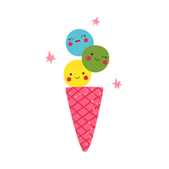 Cute cartoon cone ice cream with fruit flavor balls isolated on white background. Funny vector food character for kids textile or printing on any surface