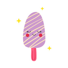 Kawaii cartoon ice cream character isolated on white background. Funny vector food illustration for kids textile or printing on any surface