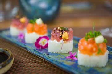 Delicious premium salmon and tuna Oshizushi sushi (Batera sushi)