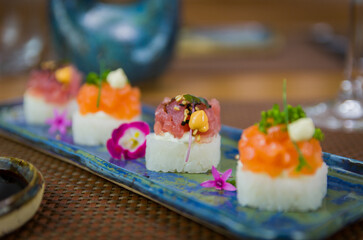 Delicious premium tuna Oshizushi sushi (Batera sushi) on focus.