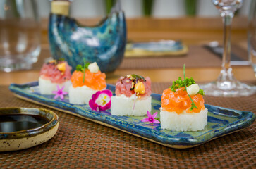 Obraz na płótnie Canvas Delicious premium salmon and tuna Oshizushi sushi (Batera sushi)