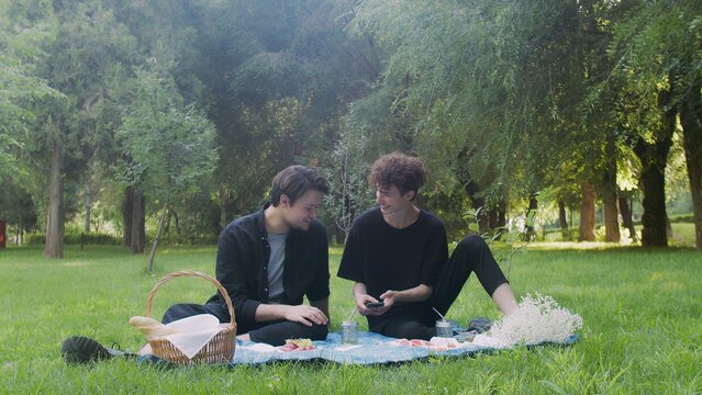 Two young guys looking at the phone in nature in the summer. LGBT