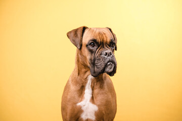 Fototapeta premium Close up view of a boxer dog looking away while standing over an isolated yellow background.