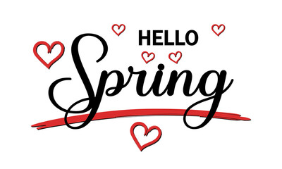 Hello Spring Text Card With Hearts . Beautiful Greeting Card Vector