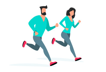 Fototapeta na wymiar Couple running. Man and woman do fitness, run. Vector illustration in flat cartoon style on white background