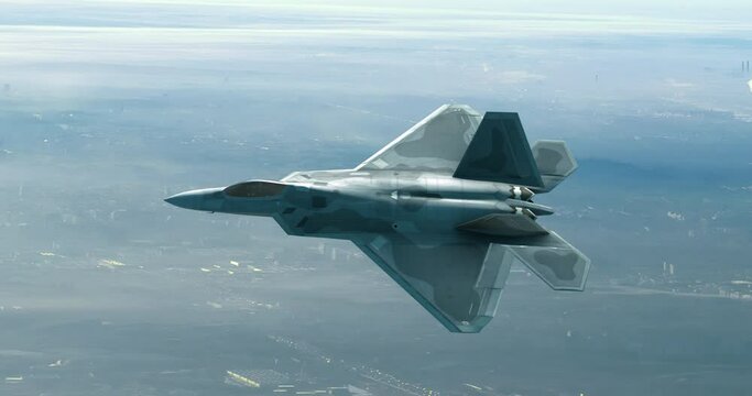 Fighter Jet Flying Over The City Above The Clouds. Ready For Air Attack. War And Air Force Related 4K Motion.
