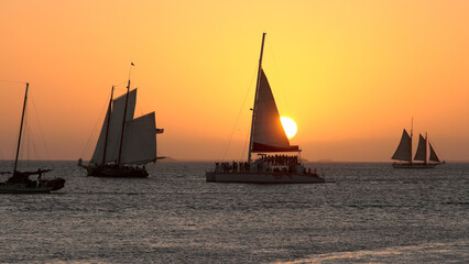 Sailing boats at the coast of Key West on sunset