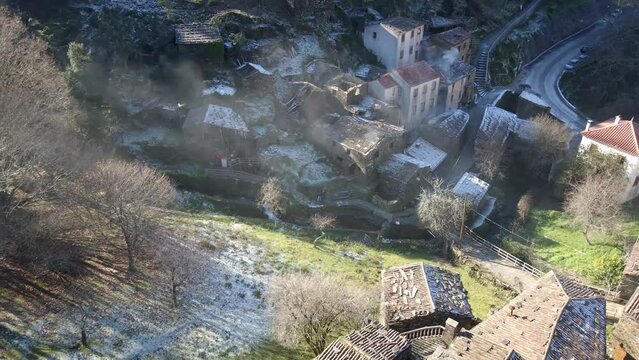 Aerial drone view of Candal xisto schist shale village in Lousa, Portugal