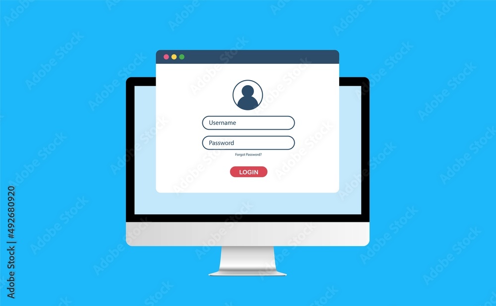Poster computer with authorisation on the screen, login and password of the user to the system or account, 