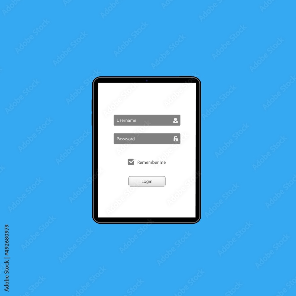 Poster log in screen on tablet. mobile application interface, registration form with login and password fie