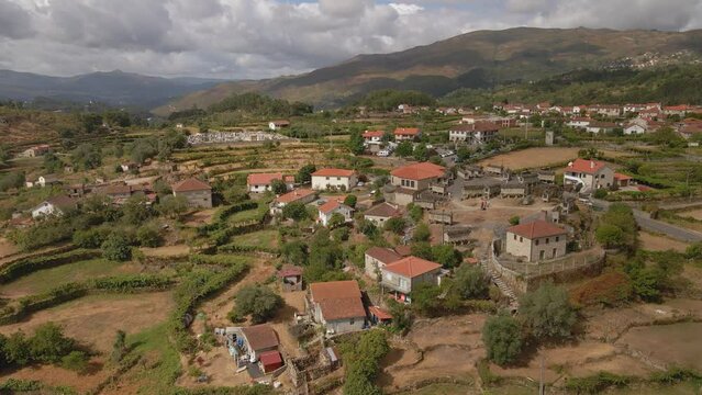 Aerial view of the granaries (espigueiros) at the traditional village of Soajo in the Peneda Geres National park, Portugal