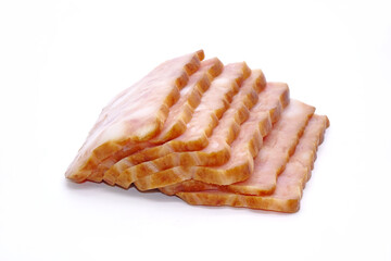 Minced smoked pork slices, thick cut marble bacon isolated on white background