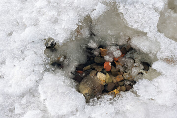 crack in the ice sheet. snowy ice. Cracked ice floats on the sea.