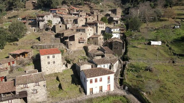 Aerial drone view of Candal xisto schist shale village in Lousa, Portugal