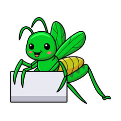 Cute little mantis cartoon with blank sign