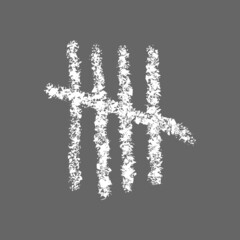Fototapeta premium Chalk drawn tally mark sign. Four hand drawn sticks crossed out by slash line isolated on gray background. White counting stripes on chalkboard. Unary numeral system. Realistic vector illustration