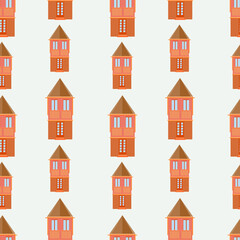 Beautiful cute brick houses. Seamless pattern with houses in pastel shades