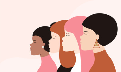 Obraz premium Sisterhood. Concept of female empowerment. Vector illustration. Four women with different ethnicity and style standing together