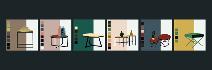 A collection of stylish tables. Beautiful table in designer style. Stylish aesthetic table for design and coziness.