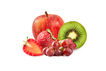 Apple, kiwi fruit ,strawberry and grapes isolated on white background. healthy fruits
 concept