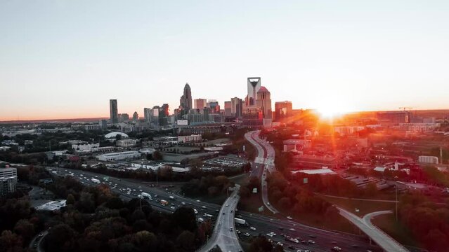 4K Charlotte Sunrise Aerial Drone Footage Towards City Skyline