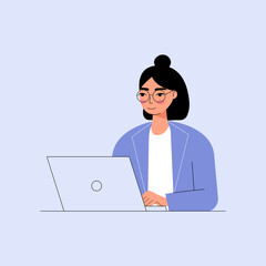 Fototapeta na wymiar Woman sitting at table with laptop. Freelancing concept. Flat vector illustration of businesswoman at workplace.