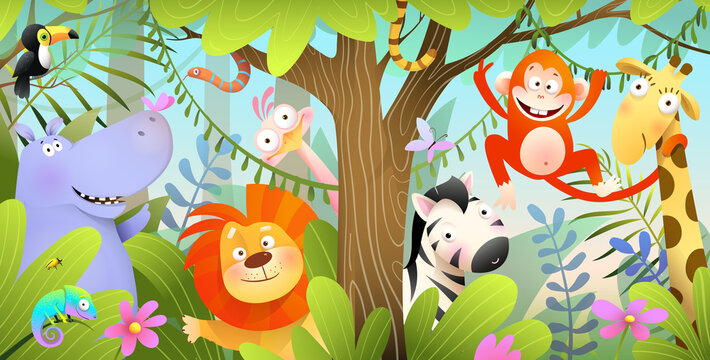 Funny wild African animals in Jungle forest. Lion zebra jiraffe snake and hippo cute animals cartoon for kids in the tropical forest or savanna. Playful zoo scenery vector illustration for children.