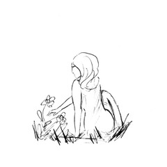girl picking flowers in the meadow, graphic black and white line drawing